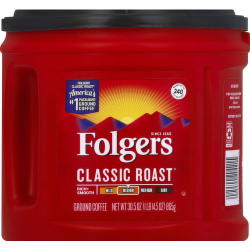 Rich + smooth. Makes up to 240 - 6 fl oz cups. Folgers Classic Roast: America's No. 1 packaged ground coffee (Based on IRI $ Sale Scan Data, Total Multi-Outlet 52 wk ending 11/4/18. Excludes coffee shop sales). Wake up to the fresh aroma of Folgers Classic Roast coffee. Each sip delivers the rich, smooth flavor that's been brewing for generations. Experience the timeless tradition of Folgers in every cup. Since 1850. folgers.com. Questions? 1-800-973-9745. how2recycle.info.
