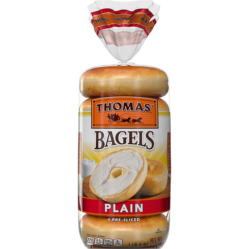 Per 1 Bagel Serving: 270 calories; 0.5 g sat fat (3% DV); 450 mg sodium (20% DV); 6 g total sugars. 0 g of trans fat. Premium bagel taste! Thomas' makes bagels special - over 130 years of baking experience ensures soft, fresh tasting bagels for breakfast, lunch or anytime. Each is conveniently pre-sliced to make toasting and topping easier. And because we offer so many delicious varieties, we make something for every taste! Eat well - eat Thomas' bagels. Specialty bakers since 1880. Did you know that every serving of Thomas plain bagels has: no artificial sweeteners; no cholesterol (a cholesterol free food); no high fructose corn syrup. www.thomasbreads.com. Facebook. Like us on Facebook. Visit us at: www.thomasbreads.com. We welcome your questions or comments about this product. Call 1-800-984-0989. Consumer Relations Department. When writing, please include proof-of-purchase (Bar code) and stamped date code.
