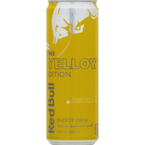 Vitalizes body and mind. Artificially flavored. 160 calories per can. Red Bull The Yellow Edition. The taste of tropical fruits - artificially flavored. The wings of Red Bull. Red Bull is appreciated worldwide by top athletes, busy professionals, college students and travelers on long journeys. Caffeine content: 114 mg/12 fl oz. www.redbull.com. Please recycle. Made in Austria.