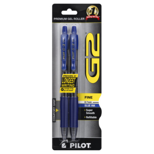 BG272BLU-6PK Premium gel roller. No. 1 selling gel pen (Source: No. 1 selling gel pen, NPD. Data on file). Proven no. 1 longest writing vs. average of top gel ink brands. Comfort grip. Super smooth. Refillable. America's go-2 gel ink pen. Super Smooth Writing: Featuring pilot's unique gel ink formula. Longest Writing Gel Ink Pen (Independent ISO Testing: Average of G2 write out (all point sizes) compared to the average of the top branded gel ink pens tested (all point sizes). Data on file): Writes longer providing exceptional value. Comfortable Rubber Grip: Contoured design fits your hand. Refillable for Continued Use: Use the G2 refill.   www.pilotpen.us. Available in four point sizes with assorted ink colors. Ultra fine point (0.38 mm). Extra fine point  (0.5 mm). Fine point (0.7 mm). Bold point (1.0 mm). Made in Japan.