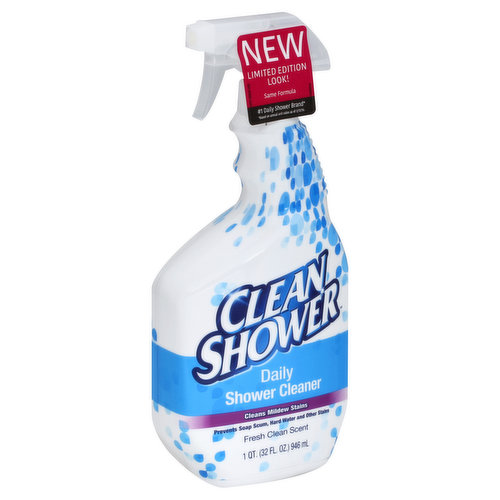 Clean mildew stains. Prevents soap scum, hard water and other stains. New limited edition look! Same formula. No. 1 daily shower brand (Based on annual unit sales as of 2/13/16). Just spray & walk away. Daily use prevents the buildup of soap scum, hard water and other stains. No more scrubbing. No bleach or ammonia. Fresh clean scent. Does not leave a dull residue when used as directed. Does not contain bleach. Satisfaction 100% guaranteed. Ingredients, Questions or comments call 1-800-926-5222, Mon - Fri 9 am - 5pm ET. Works great on all shower surfaces: shower; tub; tile.