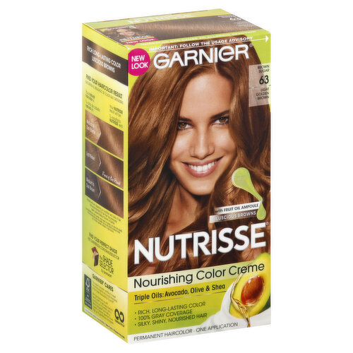 New look. With fruit oil ampoule. Luscious browns. Triple Oils: avocado, olive & shea. Rich, long-lasting color. 100% gray coverage. Silky, shiny, nourished hair. Important: Follow the usage advisory. Nourished hair means better color. Nourished Hair: Nutrisse is the only nourishing color creme with a grapeseed fruit oil ampoule you can snap & pour directly into you mix. Lock in moisture for soft, silky and nourished hair with our creamy after color conditioner infused with avocado, olive and shea oils. Triple oils. Fruit oil ampoule. Better Color: Nutrisse gives you rich, long-lasting luscious brown with 100% gray coverage. Boosted by pure pigments, Nutrisse gives you shiny and accurate color from root to tip. And our non-drip color creme spreads evenly and smells great. Non-drip formula. What's Inside: Creme developer, Nourishing color creme, Fruit oil ampoule, Nourishing conditioner. Rich long-lasting color luscious browns. Find your haircolor result. Results will vary depending on condition and color of hair. Not recommended for hair that has previously been colored darkest brown or darker. Find your perfect shade: visit Garnierusa.com/shadeselector. Garnier Cares: This paper has been certified to meet the environmental and social standards of the Forest Stewardship Council. We have teamed up with TerraCycle to help keep beauty products out of landfills! Join a beauty brigade and help us create a cleaner, greener future. Sign up at garnierusa.com/green. TerraCycle. This Garnier carton is recyclable. Take care. Please recycle. FSC: Mix - Packaging from responsible sources. www.fsc.org. Questions? Garnier Nutrisse has expert color consultants to help you. Call: 1-800-4Garnier (1-800-442-7643) or visit www.garnierusa.com. Made in Mexico.
