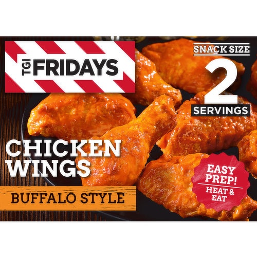 Enjoy your TGI Fridays menu favorites at home with our easy restaurant style appetizers. Ready to heat, TGI Fridays Buffalo Style Chicken Wings are a quick and delicious appetizer or party food. Our TGIF crispy breaded chicken wings are topped with buffalo style sauce. Packaged in a box for convenient storage, you can heat our buffalo style wings in a conventional oven or microwave.  Store our 9-ounce box of buffalo style chicken wings in the freezer until ready to prepare. Whether you’re craving chicken wings, potato skins, spinach artichoke dip, chicken bites, mozzarella sticks, jalapeno poppers or sliders, TGI Fridays has frozen appetizers the whole family will enjoy.