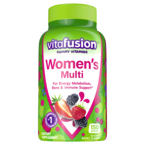 For energy metabolism, bone & immune support. America's no. 1 gummy vitamin brand. Vitafusion Women's gummies are formulated to support the overall health and wellness of women. These little gummies pack a punch of essential vitamins, minerals and natural fruit flavors that help support energy metabolism, bone & immune health. Go attack your day! No high fructose corn syrup. No synthetic FD&C dyes. This product may settle during shipping. Colors will darken over time. This does not alter the potency of the product. Make taking your vitamins a delicious experience. Our Commitment: Green-e: Certified renewable energy. Made with 100% certified renewable electricity. Growing Communities with Fruitful Planting: We believe in holistic wellness and realize it's more than just taking vitamins. That's why we support the Fruit Tree Planting Foundation and together have planted more than 200,000 fruit trees in underserved communities. Join our mission vitafusion.com.