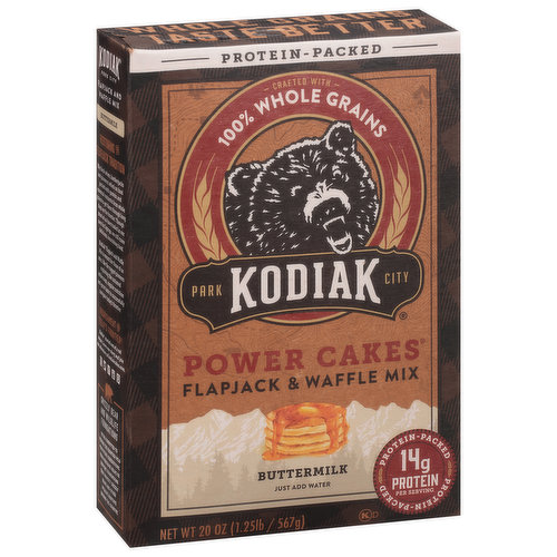 Protein-packed. Just add water. Whole grains taste better. Restrong with Flapjack tradition. Way back when, lumberjacks and pioneers relied on food packed with protein and essential nutrients from whole grains to get them through long days on the frontier. Though most of us have traded in our axes for laptops, we still crave delicious, nourishing food. Kodiak Flapjack and Waffle Mix is meant for those of us who, like the rugged pioneers exploring the untamed wilderness, require nutrition and great taste to successfully navigate today's frontier. Nourishment for today's frontier. Please recycle. Grizzly Bear and Wildlife Foundations: We're committed to keeping the frontier wild for future generations. Your purchase helps us support foundations that protect grizzly bears and other wildlife habitats around the country.