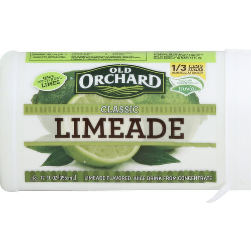 Limeade flavored juice drink from concentrate. Made with real limes. 1/3 less sugar than regular limeade. Naturally sweetened with truvia. Contains 11% juice when properly reconstituted. Please visit us at www.oldorchard.com or call 1-800-330-2173. Naturally gluten free. Please recycle after use.