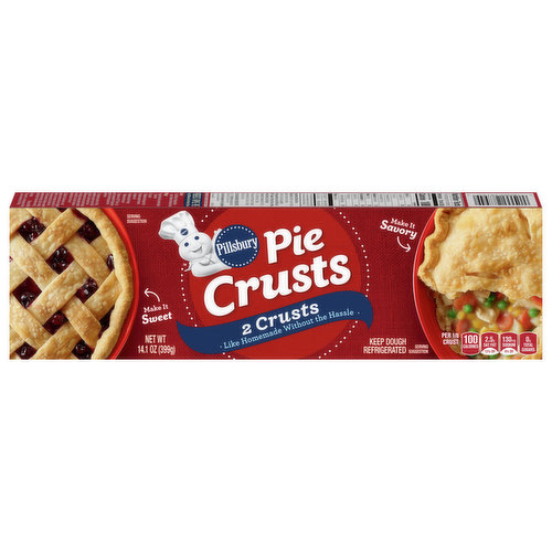 For those times when a frozen pie crust just won’t do, reach for Pillsbury refrigerated pie crust. They’re ready in minutes with no mixing and no mess. Just unroll the dough, press it into a pie pan, add your favorite fillings and bake. Pillsbury makes flaky, homestyle pie crust  as easy as...well, pie. Each package contains two ready made pie crusts with the homemade Pillsbury goodness you’ve come to know and love. Serve up your favorite holiday pies or try something new — maybe a quiche? — for a different twist on an old family favorite. Just unroll, fill and bake!