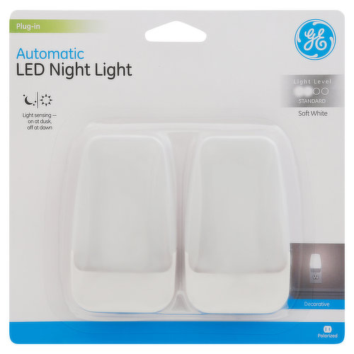 Plug in. Light sensing on at dusk, off at dawn. 2 light level. Decorative. Polarized. Long-life LED. Energy efficient. Cool to the tough. 120 vac 60 Hz. This package recyclable.