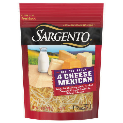 Sargento Off the Block Shredded Cheese, 4 Cheese Mexican, Fine Cut