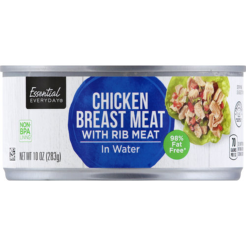 70 Calories per 3 oz. Gluten free. 98% Fat free (A low fat food). See nutrition information for sodium content. Inspected for wholesomeness by US Department of Agriculture. essentialeveryday.com. Non-BPA lining (Can lining produced without the intentional addition of BPA).