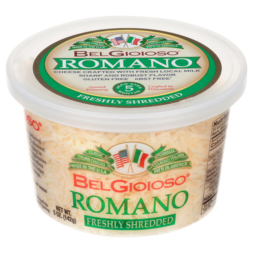 Classic. Italian cheeses. Freshly shredded. rBST free (No significant difference has been found in milk from cows treated with artificial hormones). Award winning. Aged over 5 months. Romano is made with fresh milk gathered daily from local farmers. Its piquant, pleasant flavor develops over 5 months of aging in special curing rooms. With a more aggressive character than parmesan, romano offers maximum taste with every morsel. Enjoy on pastas, pizzas, salads and soups.