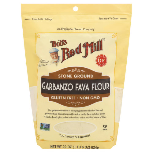 Gluten free. Tested and confirmed gluten free in our quality control laboratory. Non GMO. Non GMO Project verified. nongmoproject.org. An employee-owned company. To your good health, - Bob Moore. Our garbanzo fava flour is a simple gluten free blend of fava and garbanzo bean flours that provides a rich, earthy flavor to baked goods. Great for bread, pizza, cakes and cookies, and an excellent source of fiber. You can see our quality. Dear friends, At Bob's Red Mill, we feel that baking is a language all its own, an expression of love you share with your friends and family. That's why we work so hard to bring you the very best baking flour-because it is so much more than just food. Flour is a way to share your talent, your bounty, your heart. May these precious gifts shine through in everything you bake. To your good health, Bob Moore. bobsredmill.com. For more information and recipes, visit bobsredmill.com. For information and recipes, visit bobsredmill.com. Resealable package.