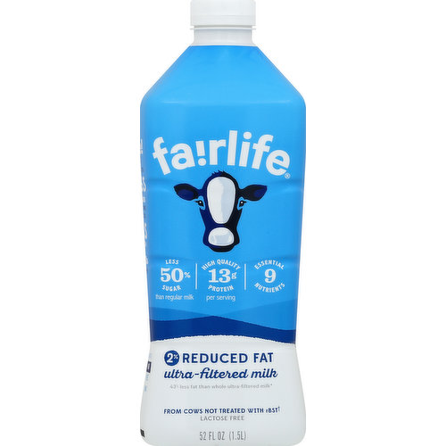 43% less fat than whole ultra-filtered milk (4.5 g vs 8 g per serving). 50% less sugar than regular milk. 13 g high quality protein per serving. 9 essential nutrients. From cows not treated with rBST (FDA states: no significant difference has been shown between milk from cows treated and not treated with rBST growth hormones). Lactose free. Learn our story. fairlife.com. Our Promise: We are dairy farmers who believe in better. From our farm in Fair Oaks, Indiana, along with all of our family farm partners, we started Fairlife to provide high quality real milk filtered for wholesome nutrition from farms where we take exceptional care at every step. Extraordinary care for our cows. High milk quality standards. Traceability back to our own farms. Pursuit of sustainable farming. - Mike & Sue McCloskey, Fairlife co-founders, dairy farmers. Real. Recycle me. Remove label before recycling. It's simple! Our milk flows through soft filters to concentrate its goodness like protein & calcium while filtering out much of the natural sugar. That allows us to bottle only delicious nutrient-rich ultra-filtered milk to fuel your busy life. Enjoy! Fairlife 2% per Serving: 13 g protein; 6 g sugar; 375 mg calcium; no lactose. Regular Milk per Serving: 8 g protein; 12 g sugar; 276 mg calcium; lactose. Almond Milk (Compared to the leading brand of Almond Milk) per Serving: 1 g protein; 7 g sugar; 451 mg calcium; no lactose. Let's chat! 855-Livefair. Homogenized, pasteurized, grade A.