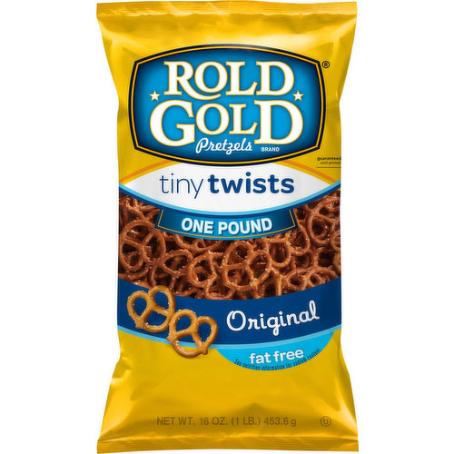 Fat free. See nutrition information for sodium content. One pound. Pair Rold Gold Fat Free Tiny Twists Pretzels with hummus for a twist on a classic snack. fritolay.com. Facebook. Find us on: facebook.com/roldgold. Questions or comments? 1-800-352-4477 Mon-Fri 9:00 am to 4:30 pm CT email or chat at fritolay.com. Please provide product name, bag size, date, price and numbers found below price for each package.
