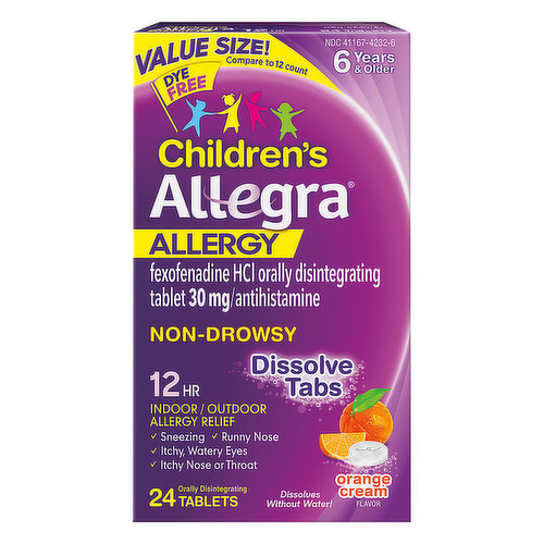 Allegra Allergy Relief, Children's, Indoor/Outdoor, Orange Cream Flavor, Non-Drowsy, 12 Hr, Tablets, Value Size