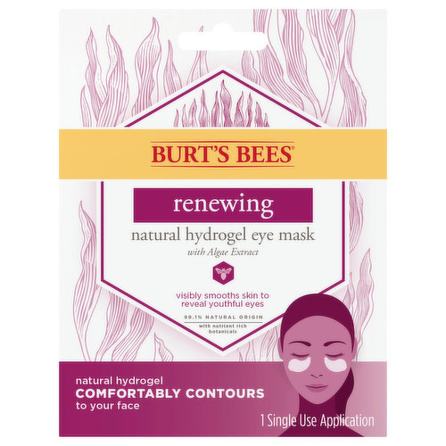 1 single use application. Visibly smooths skin to reveal youthful eyes. 99.1% natural origin. With nutrient rich botanicals. Natural hydrogel comfortably contours to your face. See the world with fresh eyes after using Burt's Bees Renewing Natural Hydrogel Eye Mask. Our natural formula, featuring algae extract, cools and calms while revitalizing skin around the eye. In 10 minutes, your skin will be revived, leaving you looking refreshed and healthy. Dermatologist tested. Formulated without parabens, phthalates, petrolatum or SLS. Cruelty free. Ingredients from nature. Responsible sourcing. No animal testing. Recyclable carton.