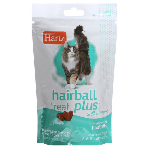 Hartz Hair Balls Treat Plus Chews for Cats + Kittens, Real Chicken Flavor, Soft Chews