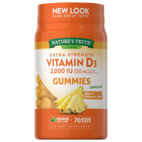 Nature's Truth Vitamin D3, Extra Strength, 50 mcg, Vegetarian Gummies, Natural Pineapple Flavor