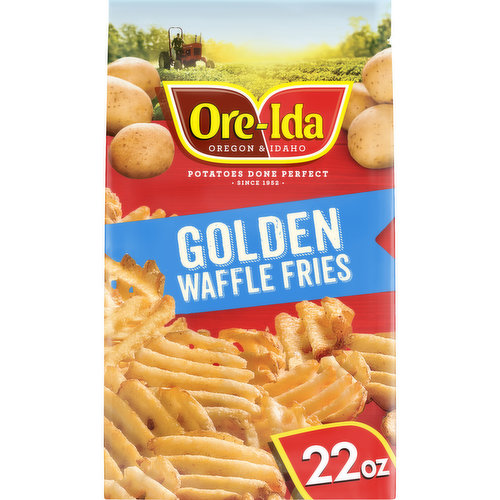 Ore-Ida Golden Waffle Fries make it easy to enjoy delicious fries at home. Crispy and golden, these Grade A fries are made from freshly peeled, American grown potatoes made into a waffle fry shape. These gluten free fries offer a crispy outside with a fluffy inside for the perfect blend of textures to make your next family meal a success. Toss these frozen waffle fries on a baking sheet to bake them in the oven according to package instructions for perfect golden fries. An American classic, these easy fries are perfect for dipping. Serve up the traditional burger and fries, or get creative with loaded waffle fries topped with cheese and bacon. These oven baked fries come sealed in a 22 ounce bag to help lock in flavor. Your family deserves the highest quality because if it's not Grade A, it's not Ore-Ida!