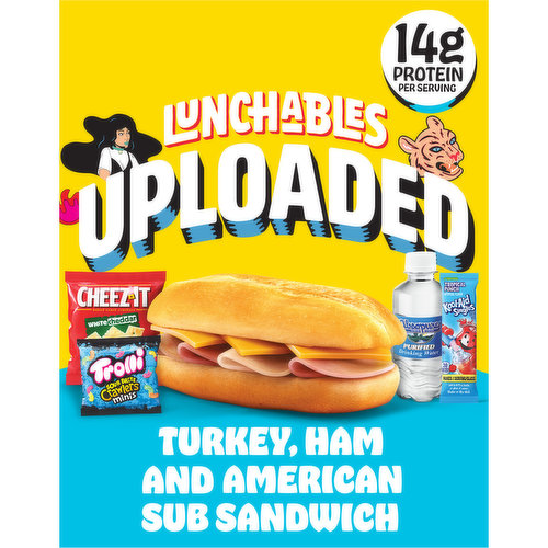 Lunchables Uploaded 6-Inch Turkey, Ham, & American Cheese Sub Meal Kit with Water, White Cheddar Cheez-It, Trolli Gummies, & Kool-Aid Tropical Punch Single