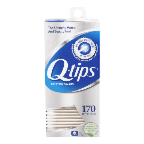 100% pure cotton. The ultimate home and beauty tool. The most soft cotton at the tip (from the end of the stick to the top of the swab). Q-Tips Cotton Swabs are the ultimate home and beauty tool. With the most soft cotton at the tip (from the end of the stick to the top of the swab) and a gently flexible stick, Q-Tips Cotton Swabs are perfect for a variety of uses. This seal signifies that Q-Tips Cotton Swabs are made with 100% pure cotton. For more helpful home and beauty tips visit www.qtips.com. Questions: Call 1-800-265-7964 Consumer Info Center. Our paper sticks are sourced from sustainable forest. Q-Tips Cotton Swabs are biodegradable when composted and packaging is recyclable. Remove plastic window before recycling. Made in the USA.