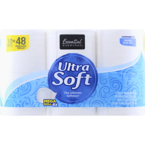 3.92 in x 4.0 in (9.9 cm x 10.1 cm). Total 371 sq ft (34.42 sq m). 284 two-ply sheets per roll. Compare to Charmin Ultra Soft (Charmin Ultra Soft is a registered trademark of the Procter & Gamble Corporation. This product is not manufactured or made under the authorization of Procter and Gamble Corporation or one of its subsidiaries). 12 mega rolls = 48 regular rolls (Based on number of sheets) The ultimate softness. Mega roll 4x. Great products at a price you'll love - that's Essential Everyday. Our goal is to provide the products your family wants, at a substantial savings versus comparable brands. We're so confident that you'll love Essential Everyday, we stand behind our products with a 100% satisfaction guarantee. Essential Everyday Ultra Soft Bathroom Tissue is ultra thick and ultra soft for ultimate softness. Our Bathroom Tissue contains no inks, dyes or perfumes. Safe for septic and sewer systems. 100% Quality Guaranteed: Like it or let us make it right. That's our quality promise. essentialeveryday.com. Sustainable Forestry Initiative. Certified sourcing. www.sfiprogram.org. Made in USA from domestic and imported materials.