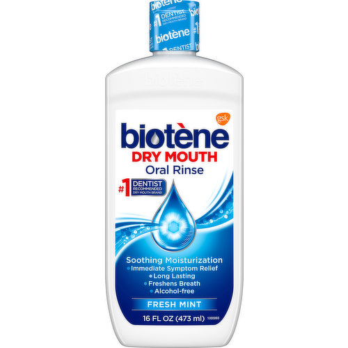 No.1 dentist recommended dry mouth brand. Soothing moisturization. Immediate symptom relief. Long lasting. Freshens. Breath. Alcohol-free. An Oral Rinse with a soothing gentle feel that helps clean, refresh, and relieve dryness and helps soothe oral tissues. Biotene contains a combination of moisturizers and lubricants to provide immediate and long-lasting dry mouth symptom relief for up to 4 hours (as measured in a 28 day clinical study). Biotene products are specially formulated for individuals who experience dry mouth symptoms. Questions or Comments? 1-800-922-5856. Also look for other Biotene products including Biotene Toothpaste, Biotene oralbalance Gel, Biotene Mouth Spray. Made in Canada.