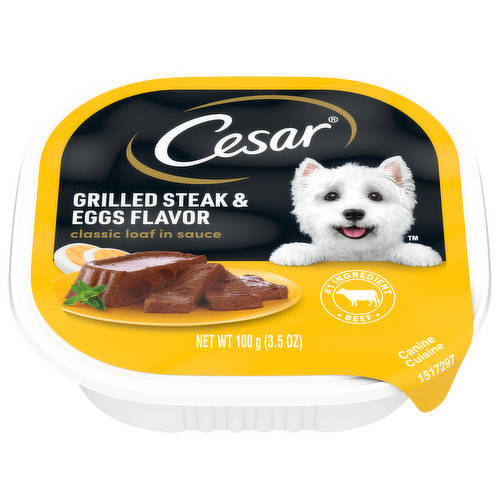 Calorie Content (Calculated): 900 kcal ME/kg, 90 kcal ME/tray. Cesar Classic Loaf in Sauce Grilled Steak & Eggs Flavor Canine Cuisine is formulated to meet the nutritional levels established by the AAFCO Dog Food Nutrient Profiles for Maintenance.