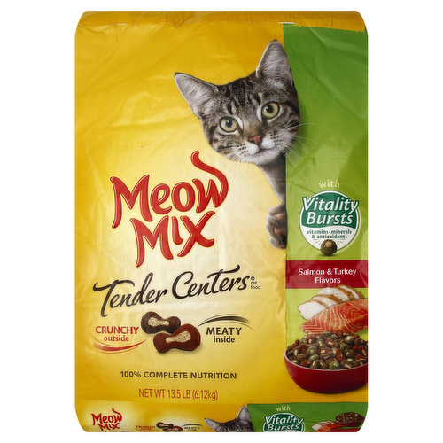 Crunchy outside. Meaty inside. With Vitality Bursts: vitamins - minerals & antioxidants. 100% complete nutrition. Irresistible taste cats love! Vitamin E & selenium help support a healthy immune system. Omega 3 & 6 fatty acids help maintain healthy skin & coat. Calcium & vitamin D help support healthy teeth & bones. Nutritional Statement: Meow Mix Tender Centers with Vitality Bursts Cat Food is formulated to meet the nutritional levels established by the AAFCO Cat Food Nutrient Profiles for All Life Stages. Questions or Comments: Visit our website at www.meowmix.com or call 1-877-Meow-mix (1-877-636-9649) weekdays, with the information contained in the guaranteed fresh if used by date box. www.Meowmix.com. Packed with pride in USA.