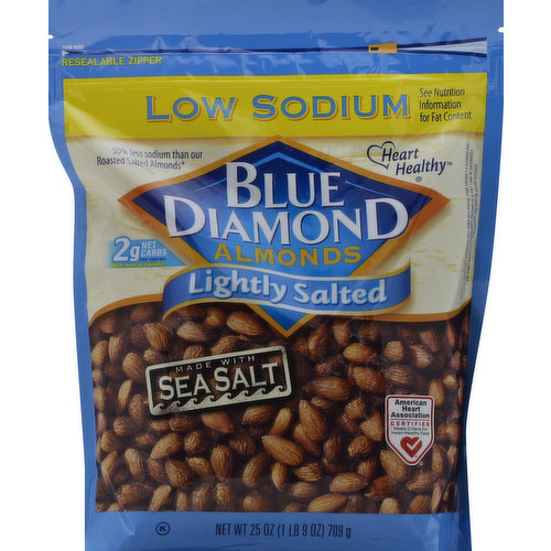 Made with sea salt. Low sodium (see nutrition information for fat content). Peanut free. Resealable zipper. Heart healthy. Scientific evidence suggests. But does not prove, that eating 1.5 ounces per day of most nuts, such as almonds, as part of a diet low in saturated fat and cholesterol. May reduce the risk of heart disease. American Heart Association Certified: Meets criteria for heart-healthy food. 50% less sodium than our roasted salted almonds (Comparison Table: Roasted Salted Almonds: 85 mg sodium per serving; Lightly Salted Almonds: 40 mg sodium per serving). 2 g net carbs per serving. See back panel. 5 g total carbs - 3g fiber = 2 g net carbs per serving. See nutrition information for fat content. Consistent Quality and Great Value! Since 1910, Blue Diamond growers has been producing the finest almonds from orchards in the rich, fertile valleys of California. We are proud to offer you and your family our prime selection of almonds for your snacking enjoyment. And our convenient, resealable bag gives you the option to save some for later - if you can! From the Almond People. Questions or comments? Write Blue Diamond customer support, PO Box 1768 Sacramento, CA 95812, or call 1 (800) 987-2329. Please include code number found on bottom of package with all inquiries. www.bluediamond.com. From California.