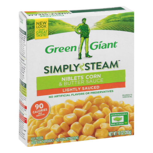No artificial flavors or preservatives. 90 calories per serving. New look same great taste! Microwaveable bag-in-box. Fits your lifestyle and your freezer. Green Giant Simply Steam vegetables are not only delicious, they come in freezer-friendly, easy-to-stack boxes, with a microwaveable pouch inside. Great for a meal, side dish or snack - anytime. greengiant.com. SmartLabel: Scan for more food information. Facebook. Youtube. Instagram. Visit us at greengiant.com. More great ways to get your daily veggies. Green Giant veggie spirals zucchini. Green Giant riced veggies cauliflower medley. Green Giant veggie tots.