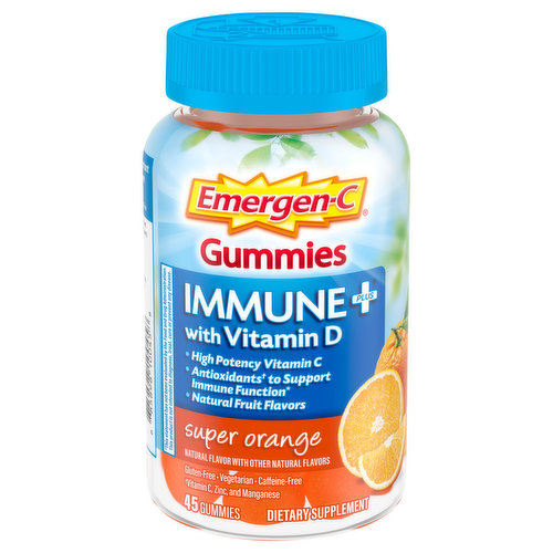Who says taking vitamins can't be fun? Just bite into a yummy Emergen-C Immune+ gummy and you'll look forward to taking your vitamins every single day. Of course, Emergen-C Immune+ Gummies for adults are way more than great-tasting. They're great for you, too. With 750 mg of Vitamin C in every serving, plus Vitamin D and Zinc, Emergen-C Gummies help support your immune system with every bite*. These Emergen-C supplements are made with natural fruit flavors and sweeteners, and they're caffeine-free and gluten-free. Plus, they're available in two delicious varieties - Super Orange and Raspberry. Emerge fortified and Feel the Good with Emergen-C Immune+ Gummies.(2) Antioxidants include Vitamin C, Zinc and Manganese* These statements have not been evaluated by the Food and Drug Administration. This product is not intended to diagnose, treat, cure, or prevent any disease.