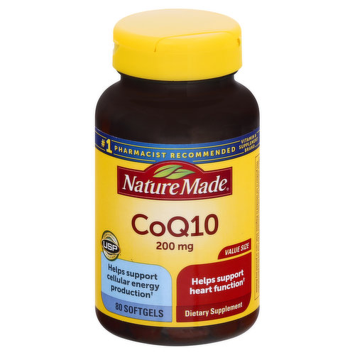 Dietary Supplement. List No. 2613. L600. USP: Dietary Supplement verified. USP has tested and verified ingredients, potency and manufacturing process. USP sets official standards for dietary supplements. www.uspverified.org. No artificial flavors. Gluten free. Helps support heart function and cellular energy production. Helps support heart function. No. 1 pharmacist recommended vitamin & supplement brand. No color added. No preservatives. Statin Users: Certain statin drugs can reduce CoQ10 levels in the body. Nature Made CoQ10 can help replenish this important nutrient (CoQ10 is not intended to serve as a replacement for statin drug therapy). Separation and settling is normal in this product. (Based on Pharmacy Times Survey of pharmacists recommending coenzyme Q10 supplements). www.NatureMade.com. (This statement has not been evaluated by the Food and Drug Administration. This product is not intended to diagnose, treat, cure, or prevent any disease.)