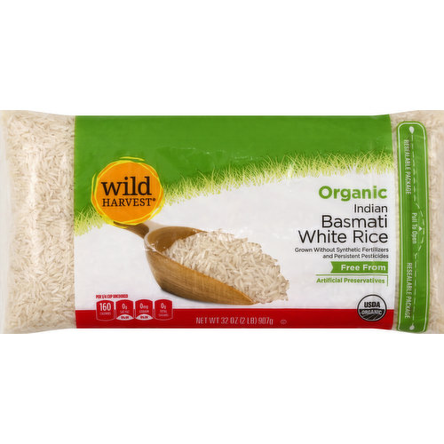 Per 1/4 Cup Uncooked: 160 calories; 0 g sat fat (0% DV); 0 mg sodium (0% DV); 0 g total sugars. USDA Organic. CCOF: Certified Organic by California Certified Organic Farmers. Gluten free. Grown without synthetic fertilizers and persistent pesticides. Free from artificial preservatives. Resealable package. Live Free with Wild Harvest: Wild Harvest is a complete selection of products that are free from more than 100 artificial preservatives, flavors, colors, sweeteners and additional undesirable ingredients. Our products are pure and simple because they're flavored and colored by nature and created to support your family's healthy and active lifestyle. People of all ages love the taste of Wild Harvest foods. 100% Quality Guaranteed: Like it or let us make it right. That's our quality promise. 877-932-7948; essentialeveryday.com. To learn more about Wild Harvest products, including our full line organic products, and for more recipes, please visit www.mywildharvest.com. Product of India.