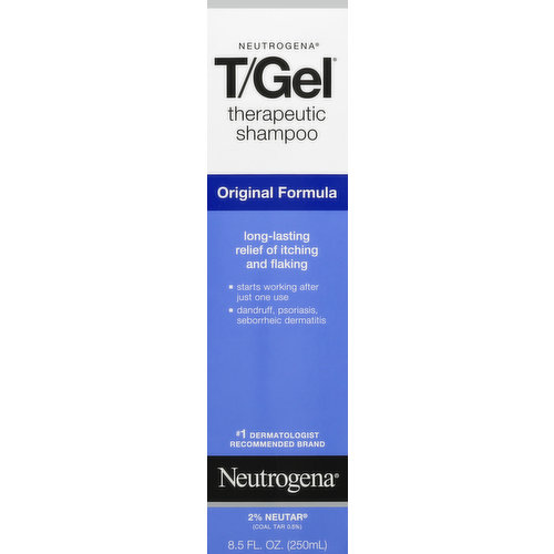 Other Information: In rare instances, temporary discoloration of gray, blonde, bleached, or tinted hair may occur. Store away from direct sunlight. Long-lasting relief of itching and flaking. Starts working after just one use. Dandruff, psoriasis seborrheic dermatitis. No.1 Dermatologist recommended brand. 2% Neutar (coal tar 0.5%). Neutrogena T/Gel Original Formula Therapeutic Shampoo is recommended by dermatologist and clinically proven to control the scalp itching and flaking caused by scalp psoriasis, seborrheic dermatitis, and even common dandruff. Proven effectiveness of 2% Neutar Solubilized Coal Tar Extract. Effective from the first use. Keeps working long after the shampoo is rinsed off. Gentle enough for everyday use. Alcohol free. The No.1 Dermatologist recommended medicated shampoo brand. Neutrogena Corp. does not manufacture store brand products. www.neutrogena.com. Questions? Call toll-free 877-256-4247 or 215-273-8755 (collect). www.neutrogena.com. National Psoriasis Foundation Recognized. NPF and Neutrogena products support the use of products that can help people better manage psoriasis. Neutrogena Brand pays a royalty to the NPF for the use of this logo. For more information: www.psoriasis.org/seal. 877-256-4247