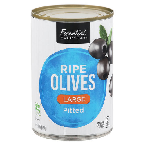 15 calories per 4 olives. Gluten free. Approximate size of olives in the can. 100% quality guaranteed. Like it or let us make it right. That’s our quality promise. 877-932-7948. essentialeveryday.com. www.essentialeveryday.com. For additional recipes, visit www.essentialeveryday.com. Non BPA lining (Can liner not derived from bisphenol-A (BPA). Please recycle. Product of USA.