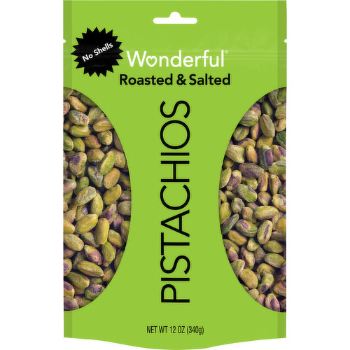 Heart Healthy: Scientific evidence suggests but does not prove that eating 1.5 ounces per day of most nuts, such as pistachios, as part of a diet low in saturated fat and cholesterol may reduce the risk of heart disease. Gluten free. See nutrition information for fat content. Non GMO Project verified. nongmoprojectorg. Roasted and Salted Wonderful Pistachios have literally come out of their shells. Same delicious taste, but with a little less work for you. Still great for snacking, they're also a protein-powered addition to your culinary creations. WonderfulPistachios.com. Questions or Comments? Call: 1-877-450-9493. Product of U.S.A.
