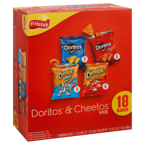 3 Cheetos Puffs Cheese Flavored Snacks - 7/8 oz ea., 6 Cheetos Crunchy Cheese Flavored Snacks - 1 oz. ea., 3 Doritos Cool Ranch Flavored Tortilla Chips - 1 oz. ea., 6 Doritos Nacho Cheese Flavored Tortilla Chips - 1 oz. ea. Not for retail sale.