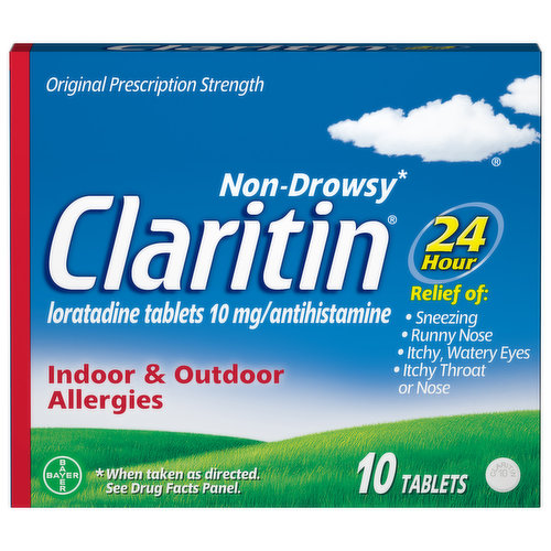 In Each Tablet Other Information: Store at 20 degrees - 25 degrees C (68 degrees - 77 degrees F) (See USP controlled room temperature). Original prescription strength. Non-Drowsy (When taken as directed. See drug facts panel). 24 hour. Relief of: Sneezing, runny nose, itchy, watery eyes, itchy throat or nose. 10 tablets for 10 days of relief. Questions or comments? 1-800-CLARITIN (1-800-252-7484) or www.claritin.com. Product of India.