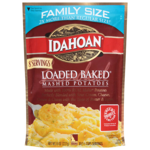 Made with 100% real Idaho potatoes perfectly blended with sour cream, cheeses, onion & chives with the taste of butter & bacon. 8 servings. 2x more than regular size (Compared to 4 oz pouch of Idahoan Loaded Baked Mashed Potatoes). Homemade taste every time.