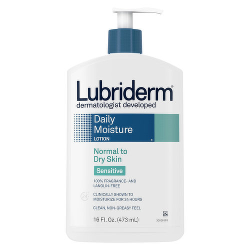Lubriderm Daily Moisture Lotion for Sensitive Skin is specially formulated for sensitive skin. This lotion hydrates to help replenish dry, sensitive skin and can be used every day. From a dermatologist-developed brand, this daily body lotion is clinically shown to moisturize skin for 24 hours, so skin feels comfortable all day. The lotion is unscented and enriched with Pro-Vitamin B5 and skin-essential moisturizers naturally found in healthy skin to help improve your skin's moisture barrier for healthy-looking skin. Its non-greasy formula is fragrance-free and contains no dyes or lanolin.