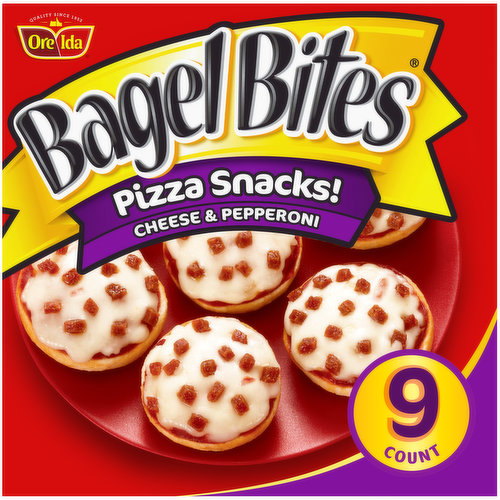 Bagel Bites Cheese & Pepperoni Pizza Snacks offer a quick and easy snack that kids love and parents can easily serve. Our mini pizza bagels are topped with cheese, pepperoni made with pork and chicken added, and sauce for a mouthwatering flavor that excites taste buds. Whenever you serve our mini pizza bagels, they're always a hit. Try our frozen appetizers at a party or as an after school snack. Each serving of Bagel Bites has 7 grams of protein, contains 0g trans fat, and no artificial flavors or high fructose corn syrup. Bake them in the oven or toaster oven for a crispy finish, or microwave them for a quick snack. Each 9-count box of Bagel Bites Cheese & Pepperoni Pizza Snacks includes a convenient microwavable crisping tray for easy prep. Keep these mini pepperoni pizza bagels frozen until ready to eat.