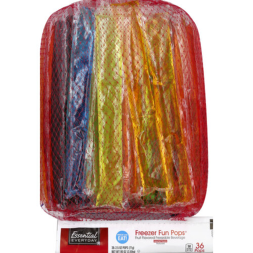 36 pops. Fruit flavored freezable beverage. Pasteurized. 50 calories per 1 pop. Freeze and eat! Contains 0% juice. Real savings. Highest quality. Every day. If you are not completely satisfied with this product, please contact us at www.essentialeveryday.com or 1-877-932-7948. May or may not contain: grape, orange, blue punch, pina colada, lemon-lime, peach, watermelon, cherry, mango, green apple & strawberry. Made in the USA.