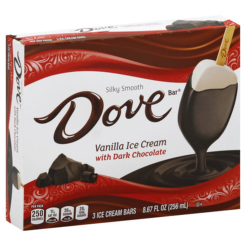 Silky smooth. Per Pack: 250 calories; 11 g sat fat (55% DV); 30 mg sodium (1% DV); 20 g total sugars. Take a moment – to enjoy the rich flavor of Vanilla Ice Cream dipped in Silky Smooth Dove Dark Chocolate. An experience like no other. Dove chocolate enhanced for a better ice cream experience. For more moments of pleasure, try - Vanilla and Chocolate Ice Cream dipped in Silky Smooth Dove Dark Chocolate. Raspberry Sorbet dipped in Silky Smooth Dove Dark Chocolate. Silky Smooth Dove Dark Chocolate Promises. We value your question or comments. Call 1-800-551-0895. Please save the empty carton. Recyclable. www.doveicecream.com. Facebook: Like us on Facebook. Facebook.com/dovechocolate. Partially produced with genetic engineering.