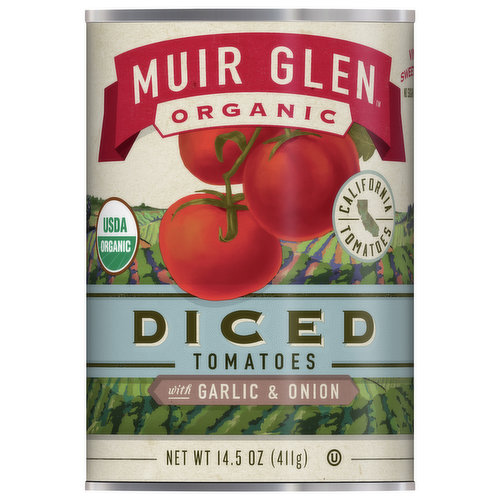 Muir Glen Tomatoes, Organic, Garlic & Onion, Diced