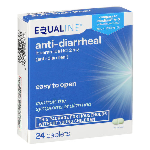 In Each Caplet: Other Information: Tamper Evident: Do not use if outer package is opened or blister is torn or broken. Store between 20 degrees -25 degrees C (68 degrees – 77 degrees F). See end flap for expiration date and lot number. Does not contain gluten. Loperamide HCl 2 mg (anti-diarrheal). Compare to Imodium A-D active ingredient (This product is not manufactured or distributed by Johnson & Johnson Corporation, owner of the registered trademark Imodium A-D). Easy to open. Controls the symptoms of diarrhea. Keep outer package for complete product information. 100% quality guaranteed. supervaluprivatebrands.com.  Questions or comments? Call 1-877-932-7948. This package for households without young children.
