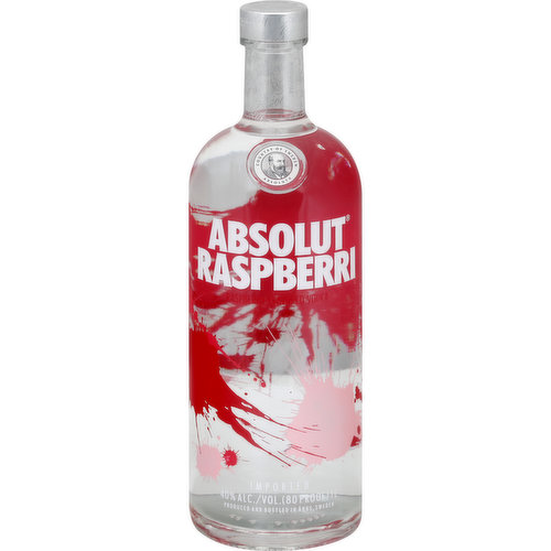 Raspberry flavored vodka. Enjoy responsibility visit responsibility.org. absolut.com. 40% alc/vol. 80 Produced in Sweden. Country of Sweden.