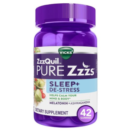 Vicks Vicks PURE Zzzs De-Stress Melatonin Sleep Aid Gummies, Dietary Supplement, 1mg per gummy, 42 Ct