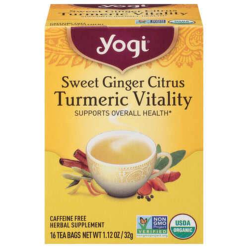 Yogi Herbal Supplement, Sweet Ginger Citrus, Turmeric Vitality, Caffeine Free, Tea Bags