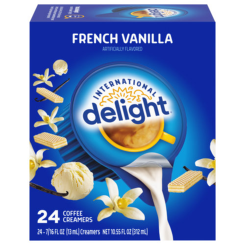 Start your morning right with a sweet splash of French vanilla flavor. International Delight French Vanilla Coffee Creamer transforms your cup of coffee into a world of fantastic flavor. This set is a coffee lover’s dream, with 24 Creamer, Serving Size Pods, perfect for purse, pantry, or flavor emergencies—and no refrigeration needed! These single-serve creamers are both gluten- and lactose-free.
For over thirty years, International Delight has been making the world a tastier place, one cup of coffee at a time. Our coffee creamers come in over twenty different delicious flavors, including fat- and sugar-free varieties, and we now offer a wide selection of iced coffees, as well. We believe that there’s an art to concocting the perfect cup of coffee, and we want every sip you take to be a masterpiece of flavor. Welcome to Creamer Nation.